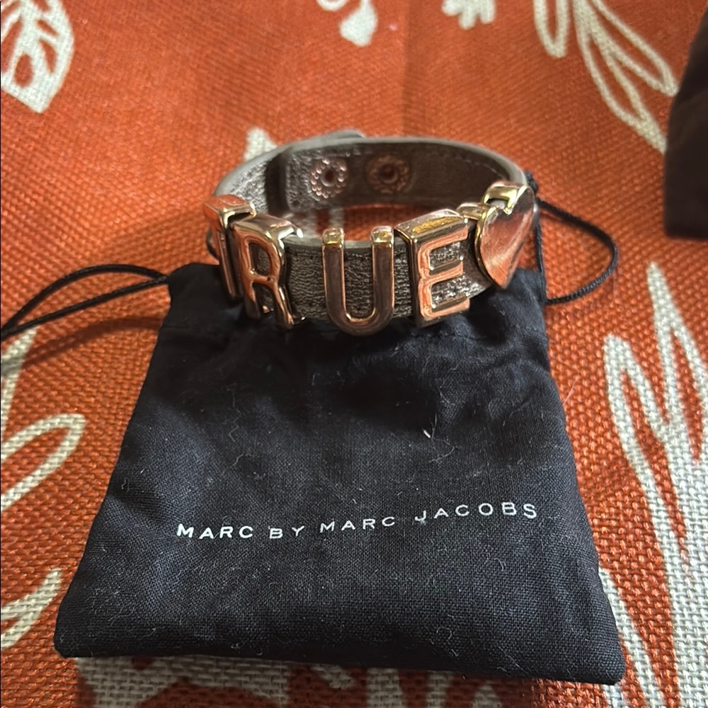 Marc by Marc Jacobs Black Leather Bracelet with Gold 'TRUE' Letter Charms
